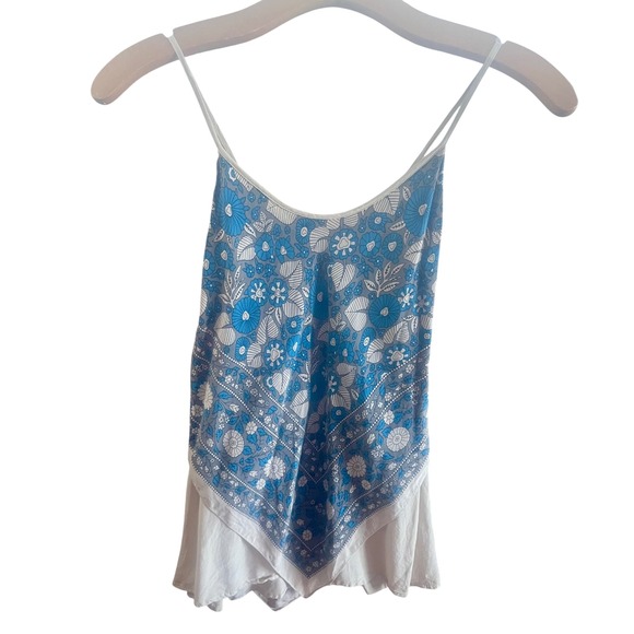 JMM 100% Silk Cami Top Blue Floral Print Boho Sleeveless Layered Tank Blouse-Med - Picture 1 of 10